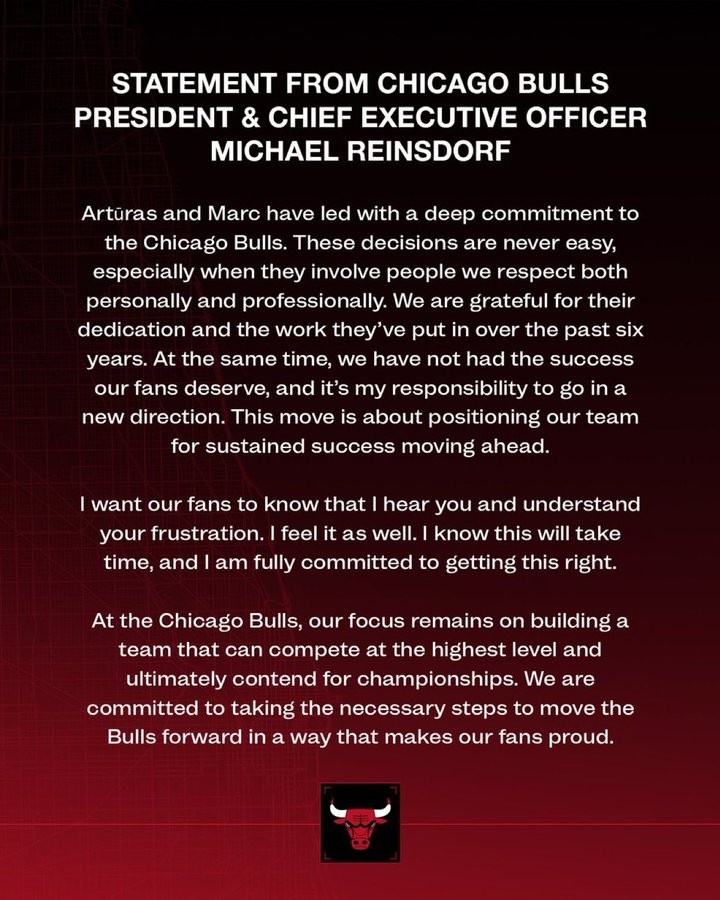 【公牛】4年不上不下终于忍不了了!官方:公牛解雇了篮球运营总裁&总经理(图2) 【公牛】4年不上不下终于忍不了了!官方:公牛解雇了篮球运营总裁&总经理(图2)