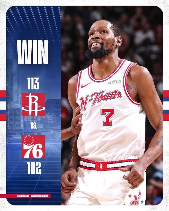  豪取8连胜！火箭发布赢球海报：杜兰特微笑瞬间登上封面