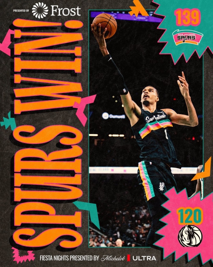  赛季第62胜！马刺赛后晒胜利海报 文班轻舒猿臂上篮入镜