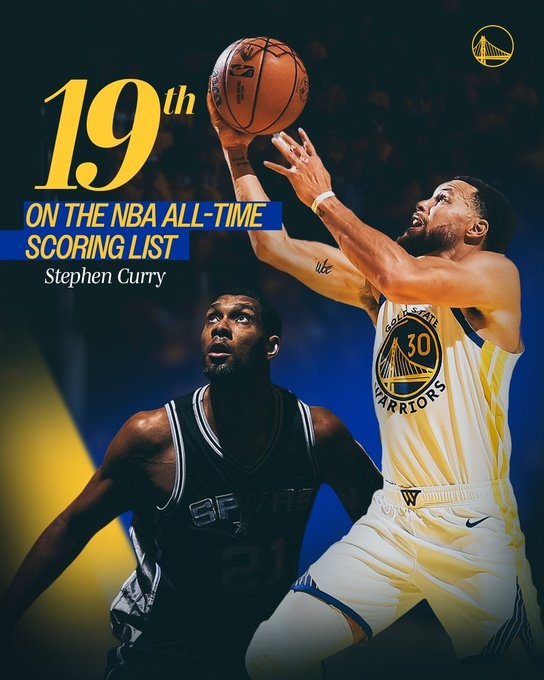 勇士官方晒出海报：祝贺库里超越邓肯 升至历史得分榜第19位