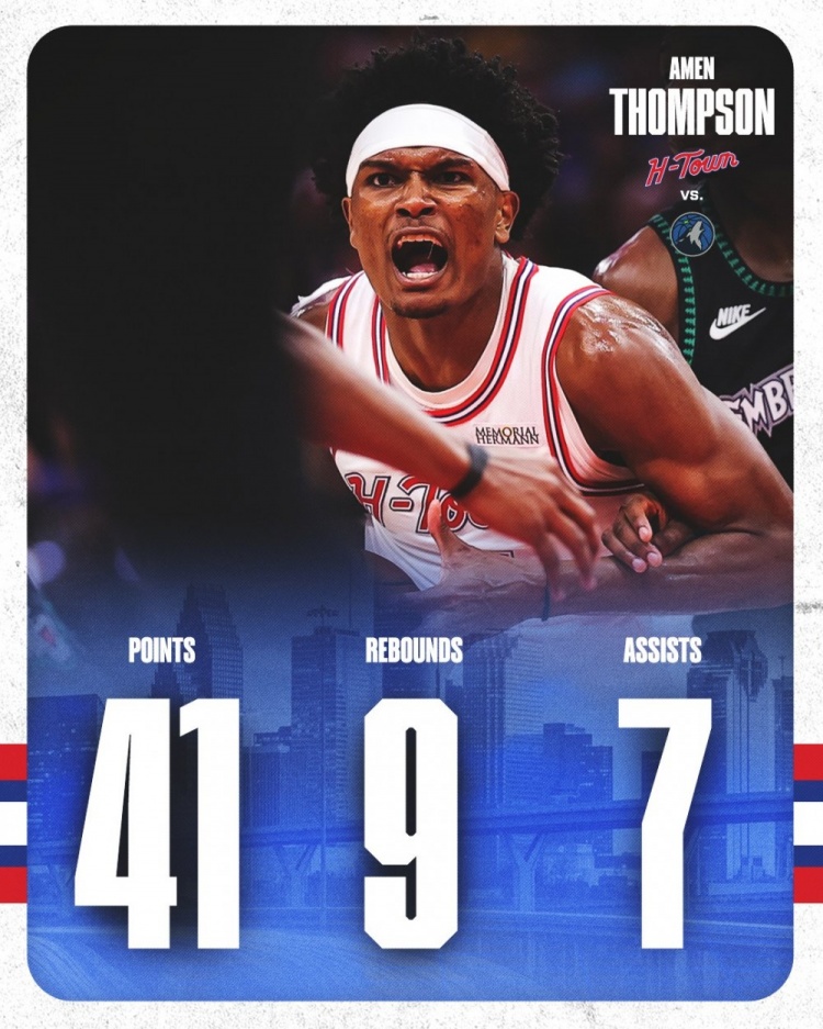 生涯最佳一战竟是空砍！火箭官方发布阿门本场41+9+7数据海报