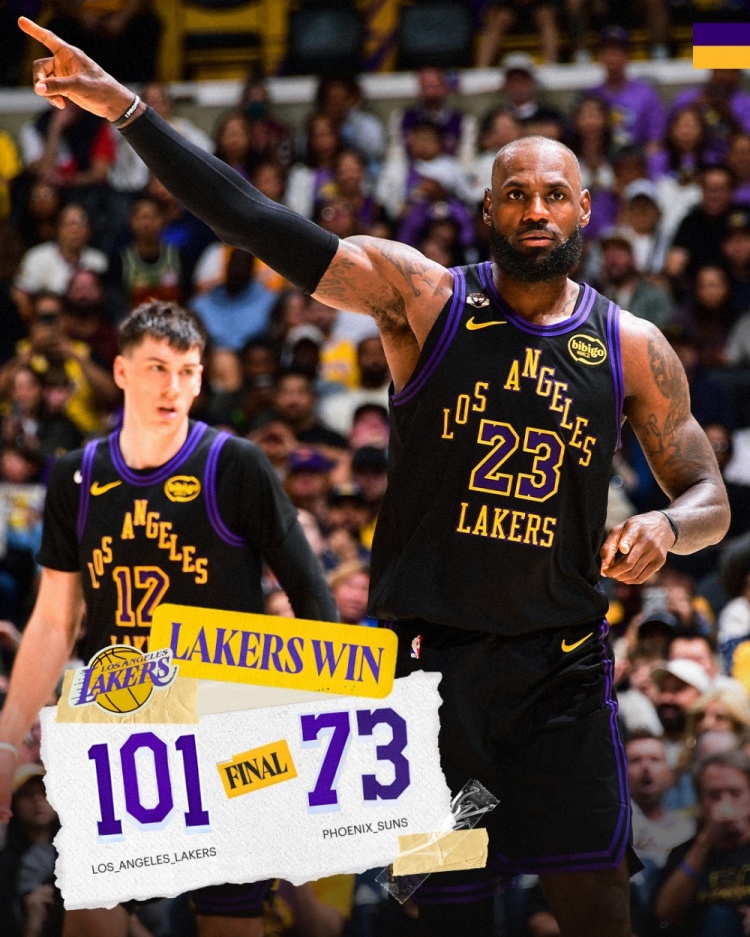 再下一城！湖人官方晒赢球海报：詹姆斯、拉拉维亚登上封面