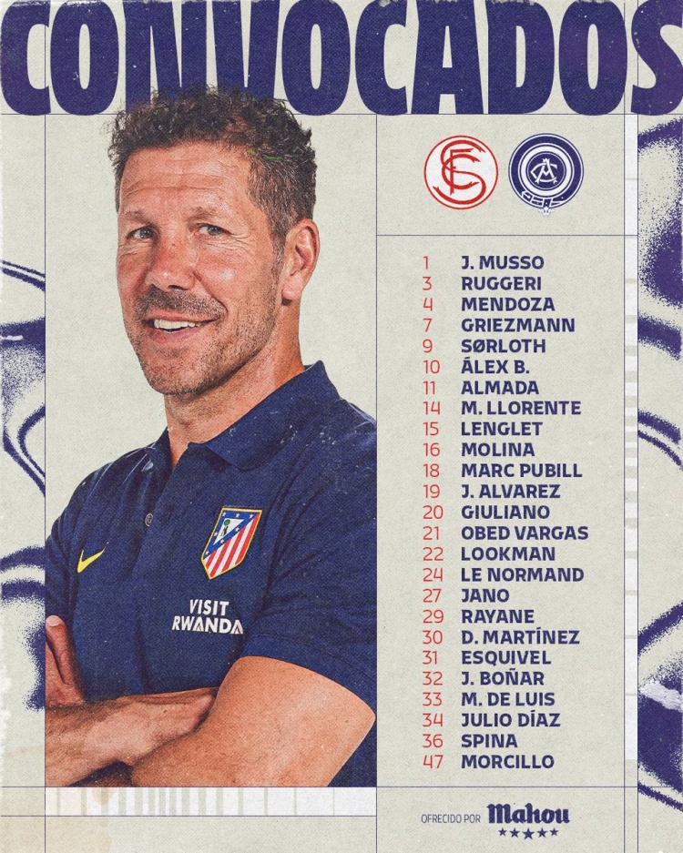 【你怎么看？】马竞对阵塞维利亚名单：小蜘蛛、格列兹曼在列，科克、汉茨科缺席(图1)