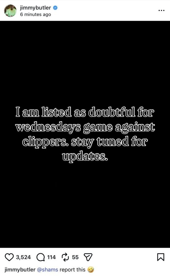 [NBA]巴特勒发文：附加赛我小概率出战 敬请关注！@Shams 报道一下(图2)