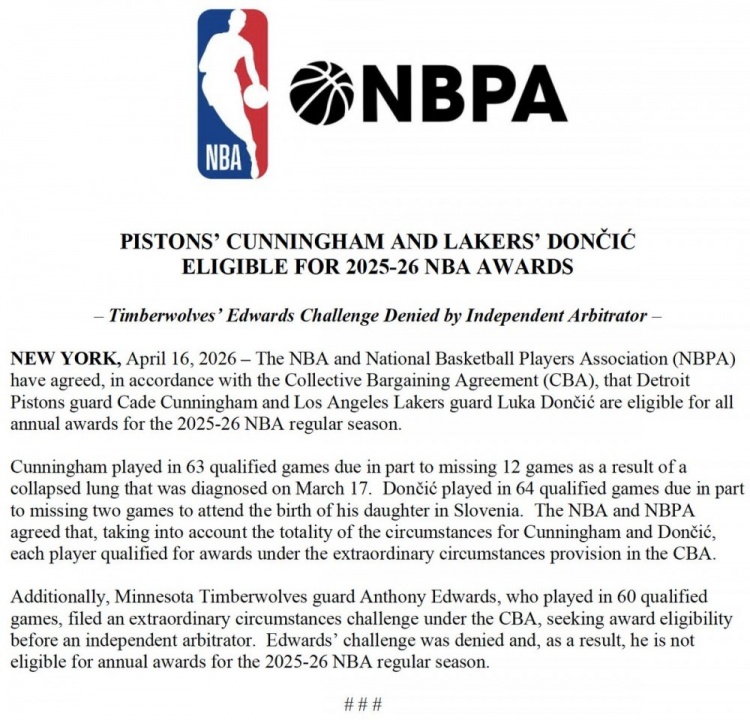 【好看推荐】NBPA声明:与NBA一致认定 卢卡&CC符合劳资协议中的特殊情况条款(图2) 【好看推荐】NBPA声明:与NBA一致认定 卢卡&CC符合劳资协议中的特殊情况条款(图2)