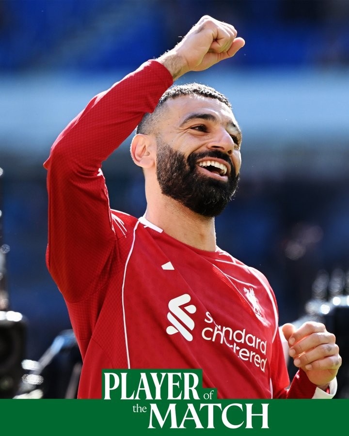 禁区内推射拔头筹！官方：萨拉赫当选利物浦队内全场MVP