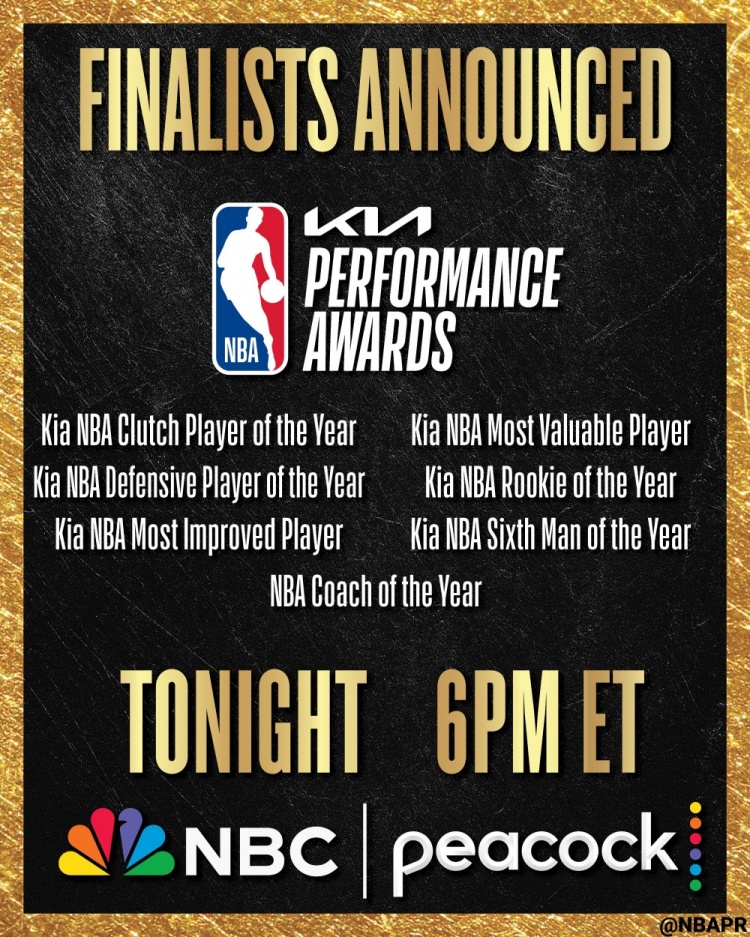 官方：本赛季各大奖项候选人将在北京时间早上6点开始宣布