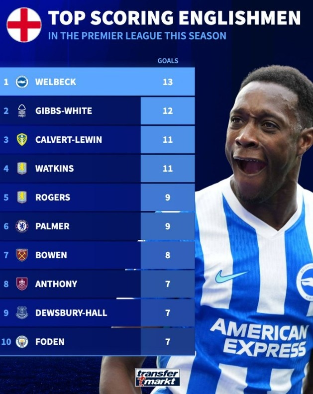 [体育前线]本赛季英超英格兰球员进球榜：维尔贝克✨13球居首，帕尔默在⚾✨列(图1)