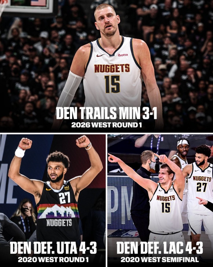  这次如何？联盟近两次1-3落后逆转都由掘金缔造 20年连续2轮翻盘