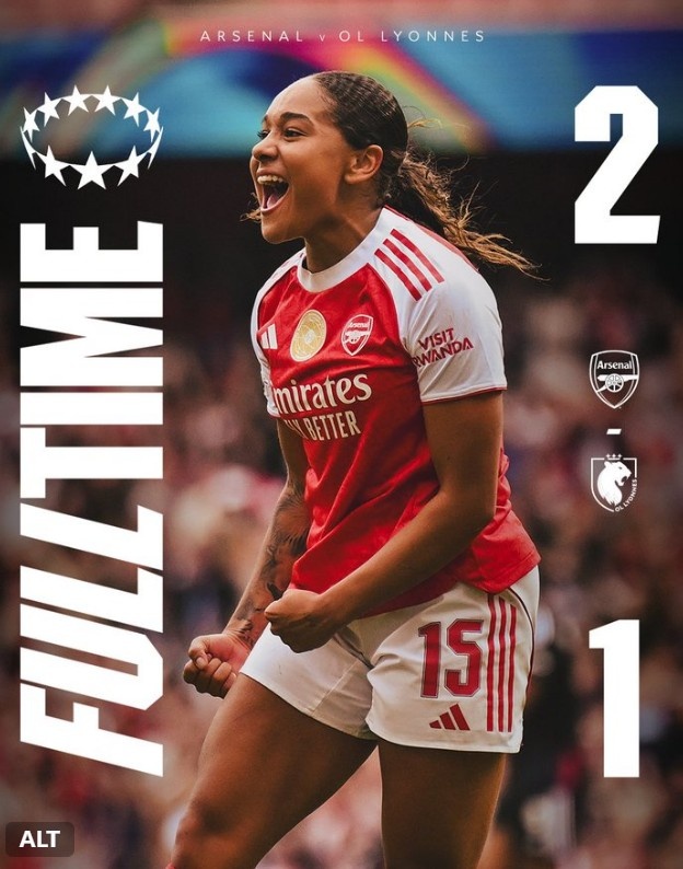 女足欧冠半决赛首回合：阿森纳女足逆转2-1击败里昂女足