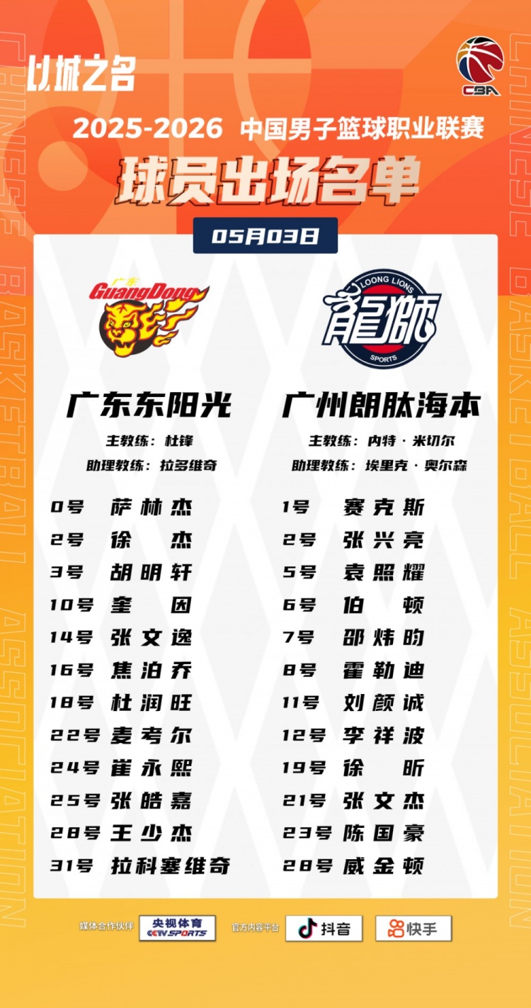 广东VS广州G3大名单：徐杰胡明轩徐昕陈国豪在列 4外援对4外援