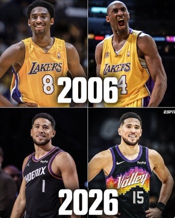 ESPN：2006年科比从8号换成24号 20年后他的门徒布克也换号了