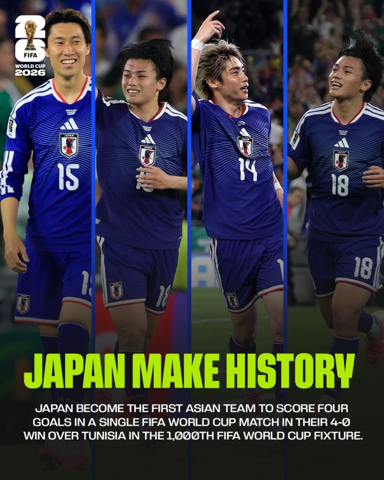 FIFA祝贺日本队创造历史：首支单场世界杯比赛进4球的亚洲球队