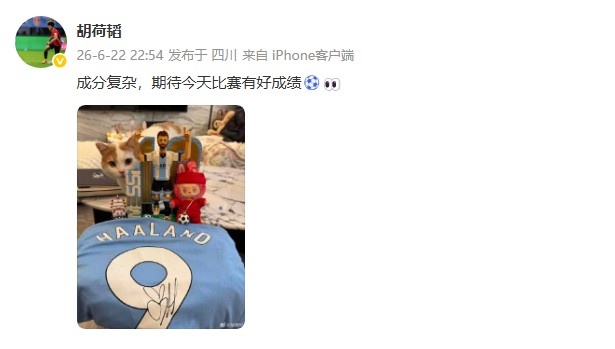 胡荷韬晒乐高梅西和哈兰德球衣：成分复杂，期待今天比赛有好成绩