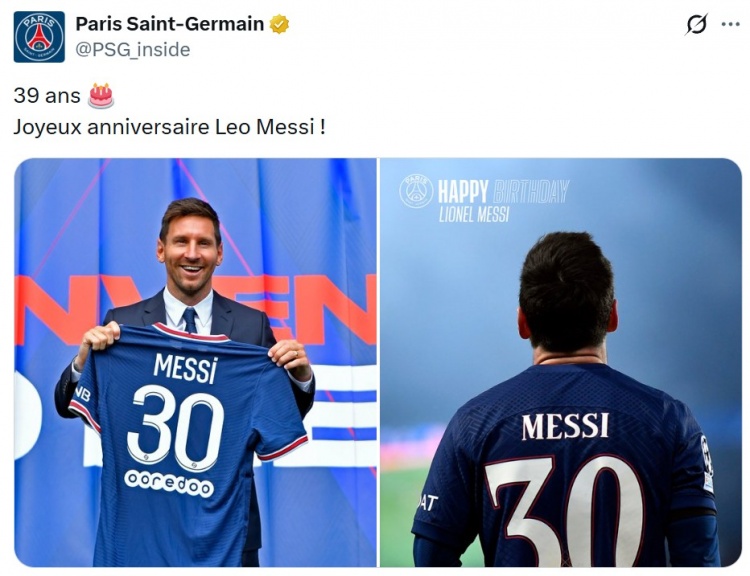 巴黎官方祝福梅西生日：39岁啦  祝莱昂内尔·梅西生日快乐！