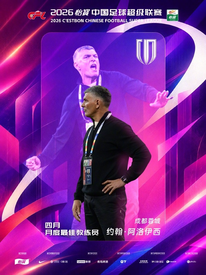 官方：率蓉城5战全胜，约翰·阿洛伊西当选中超4月最佳教练