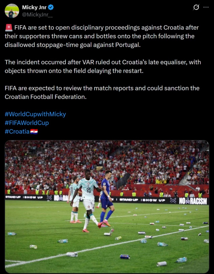 记者：FIFA将调查克罗地亚球迷扔瓶子，可能处罚克罗地亚足协
