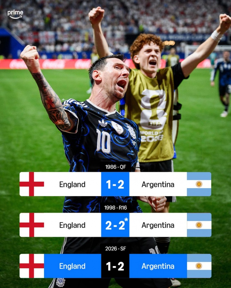 均为3次！阿根廷和德国是世界杯赛场淘汰英格兰并列最多球队