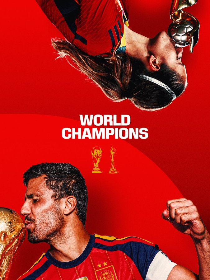 西班牙是首支同时包揽男足、女足世界杯的国家，FIFA官方晒照祝贺