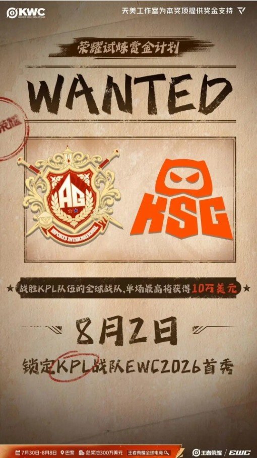 【万博电竞】天美AG/KSG“悬赏令”:非KPL战队胜 小局可获1万美元 大场10万!