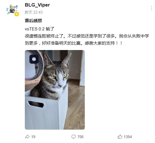Viper赛后更新社媒：很遗憾连胜被终止了，学到了很多【球盟会】