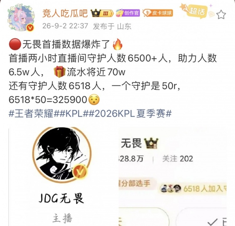 热度这块！KPL无畏微博首播数据出炉：守护33万，流水2小时近70万【球盟会】