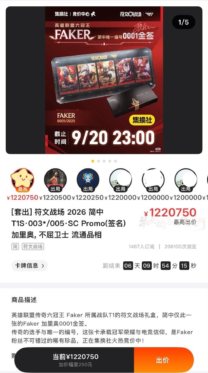 【万博电竞】光保证金就是10万!符文战场Faker金签01编号拍卖价已超120万元!
