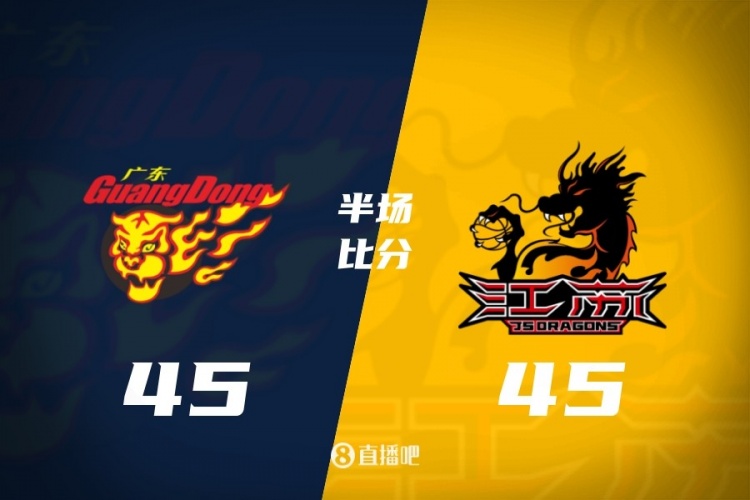 半场战报-广东45-45江苏 杨溢12分博日奇10+2 亨特&格雷合砍30分