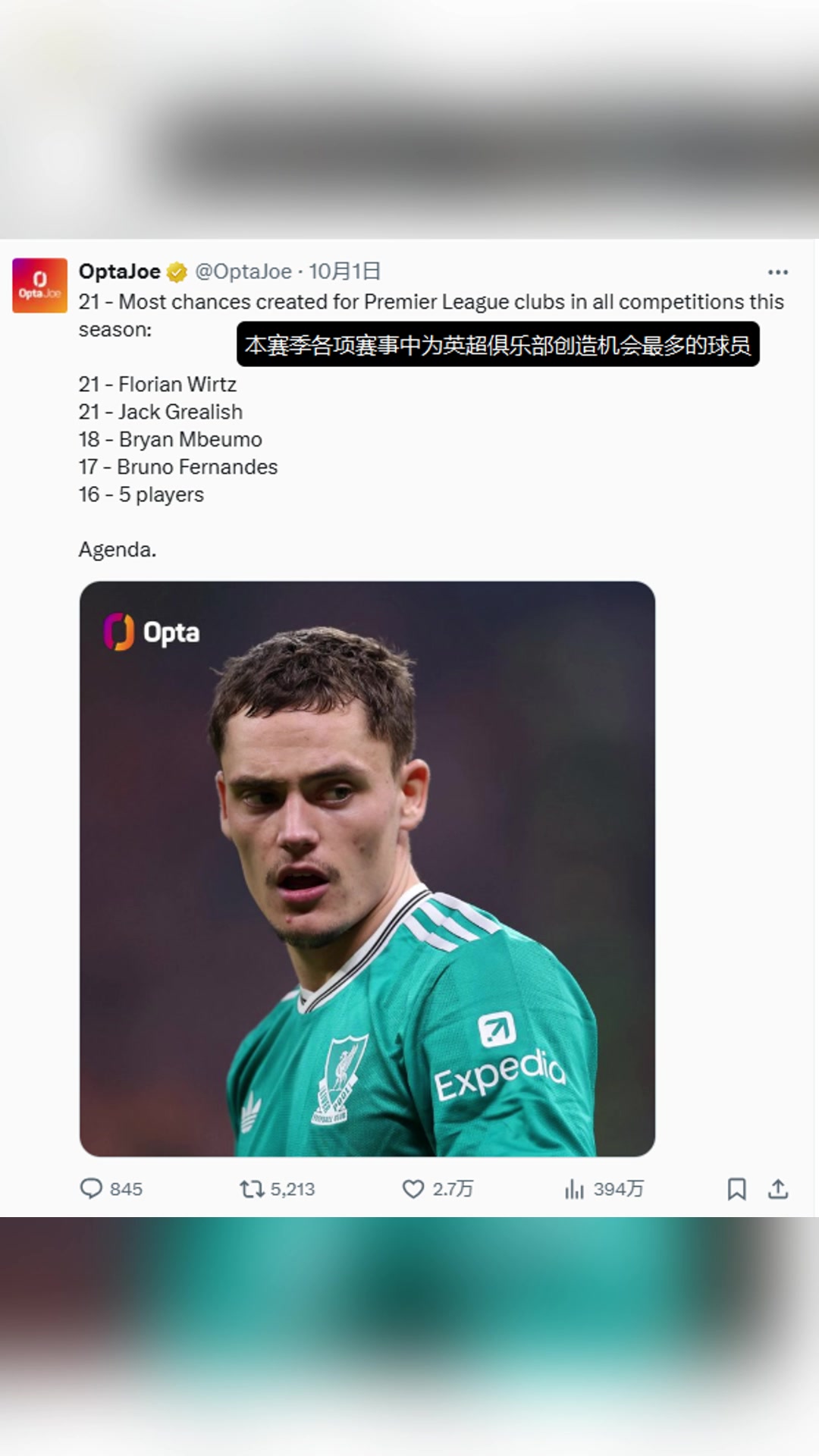 被尬黑！本赛季为英超俱乐部创造机会最多的球员是维尔茨