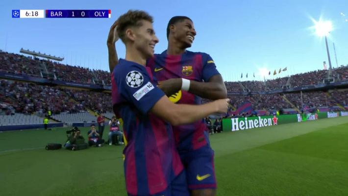 巴萨6-1十人奥林匹亚科斯 费尔明戴帽拉什福德双响赫泽染红引争议