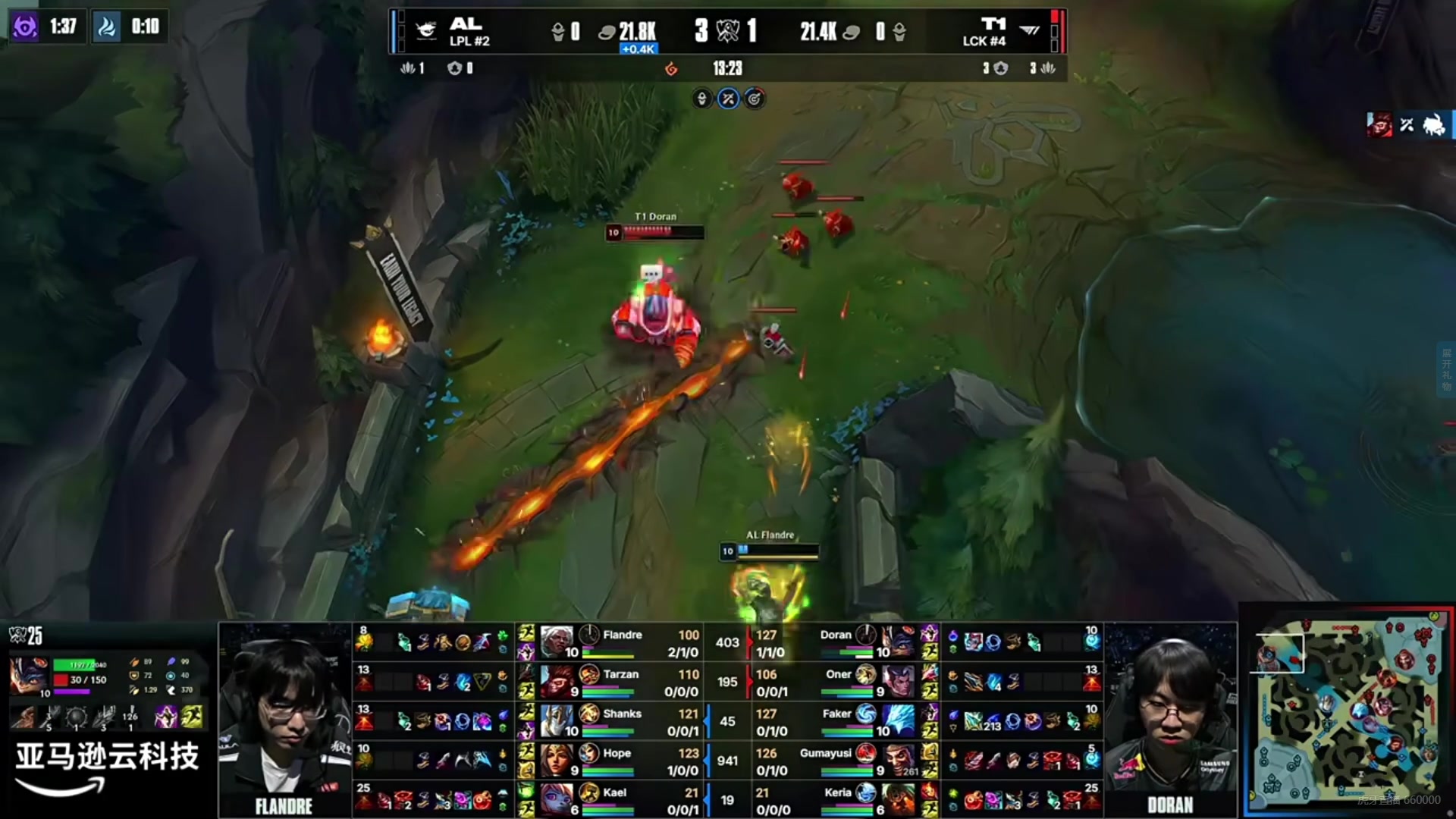 Doran主动起手E闪进塔被狼母反杀,但Guma大招收下残血圣枪哥