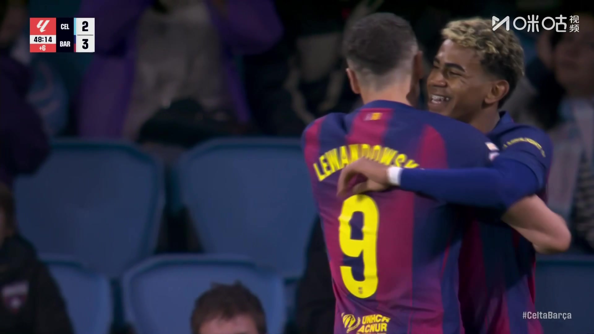 巴萨3-2塞尔塔！拉什福德横传莫里巴解围失误，亚马尔破门