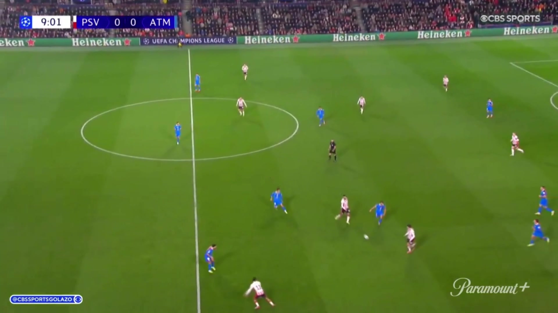 马竞落后！埃因霍温连续传球配合打穿马竞防线，古斯·蒂尔破门