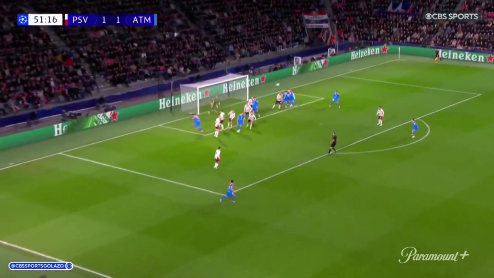 马竞2-1反超埃因霍温！莫利纳远射被扑，汉茨科插上补射建功