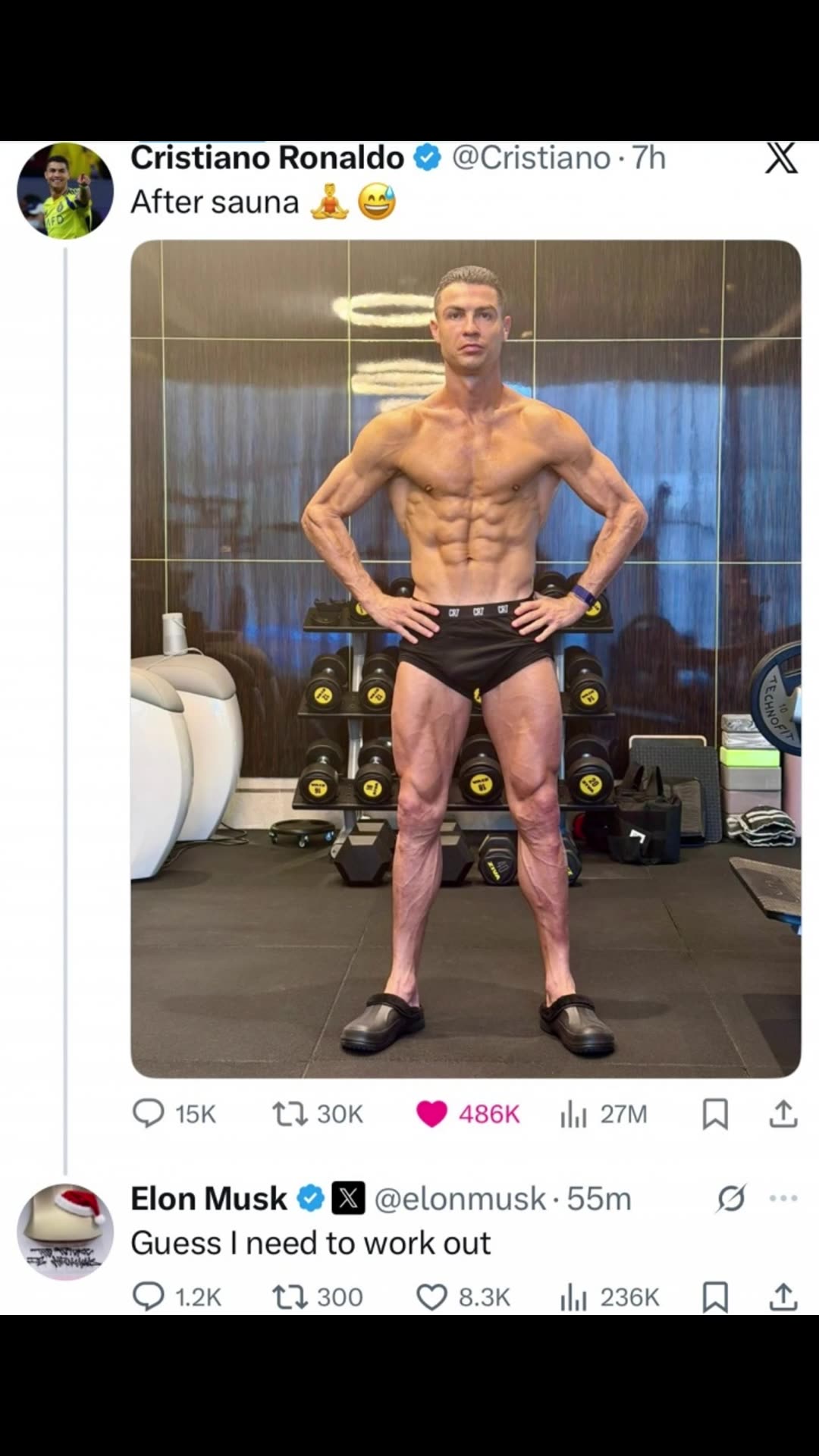 C罗秀身材火爆外网，世界首富马斯克也是羡慕不已