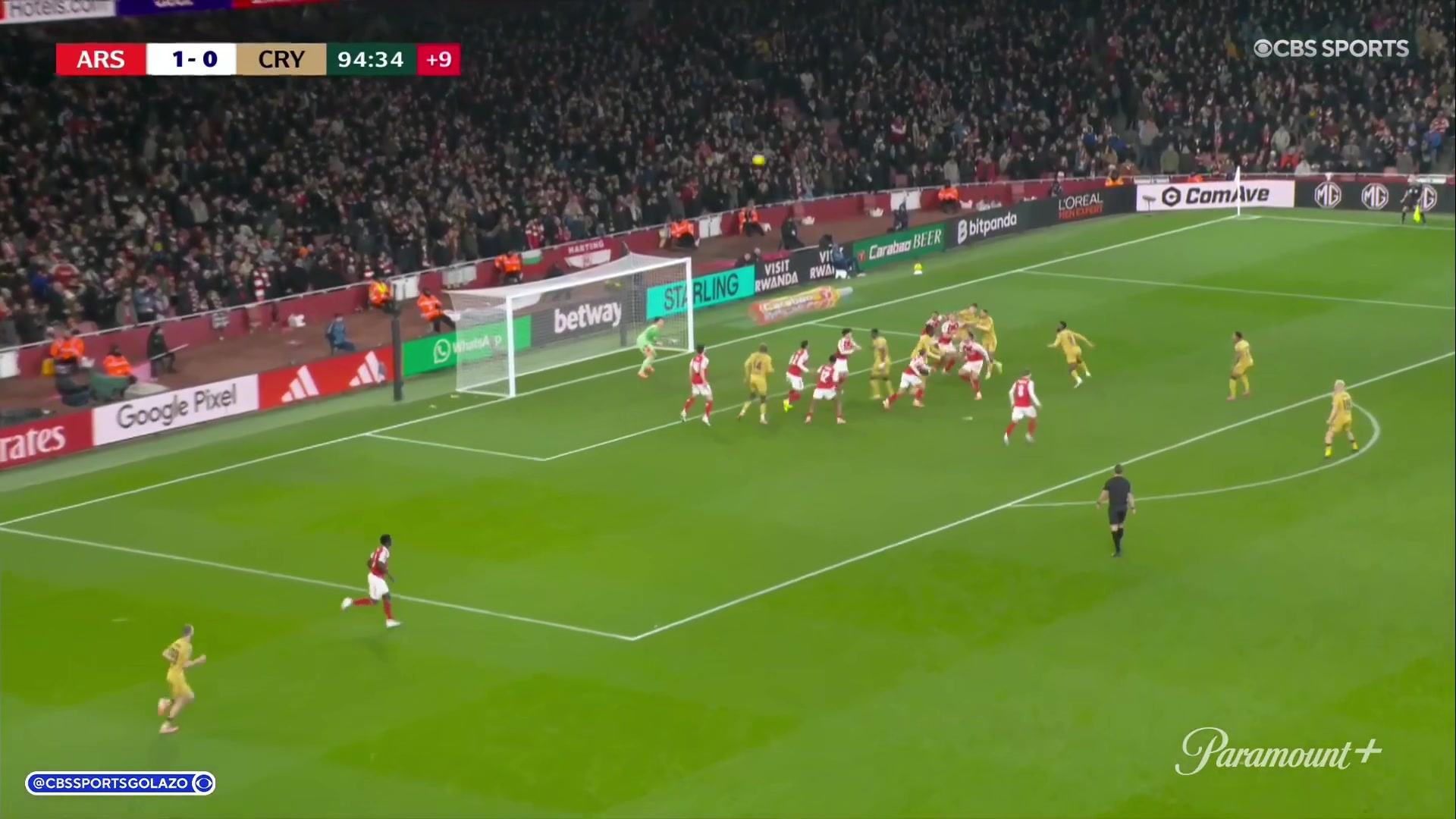 绝平！格伊第95分钟近距离推射破门，水晶宫1-1扳平阿森纳！