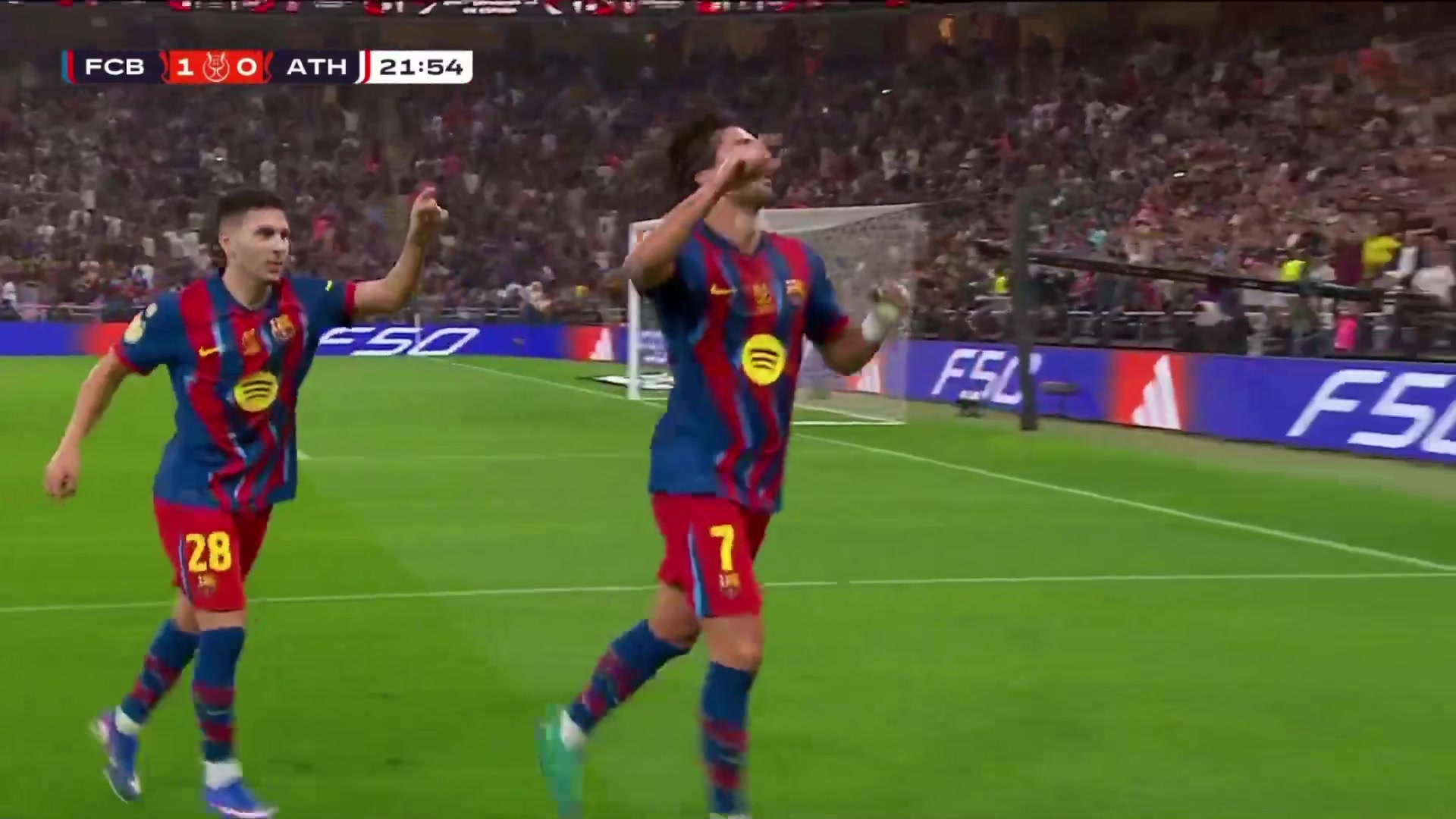 巴萨1-0领先毕巴！费尔明射门踢呲变助攻，费兰扫射破门