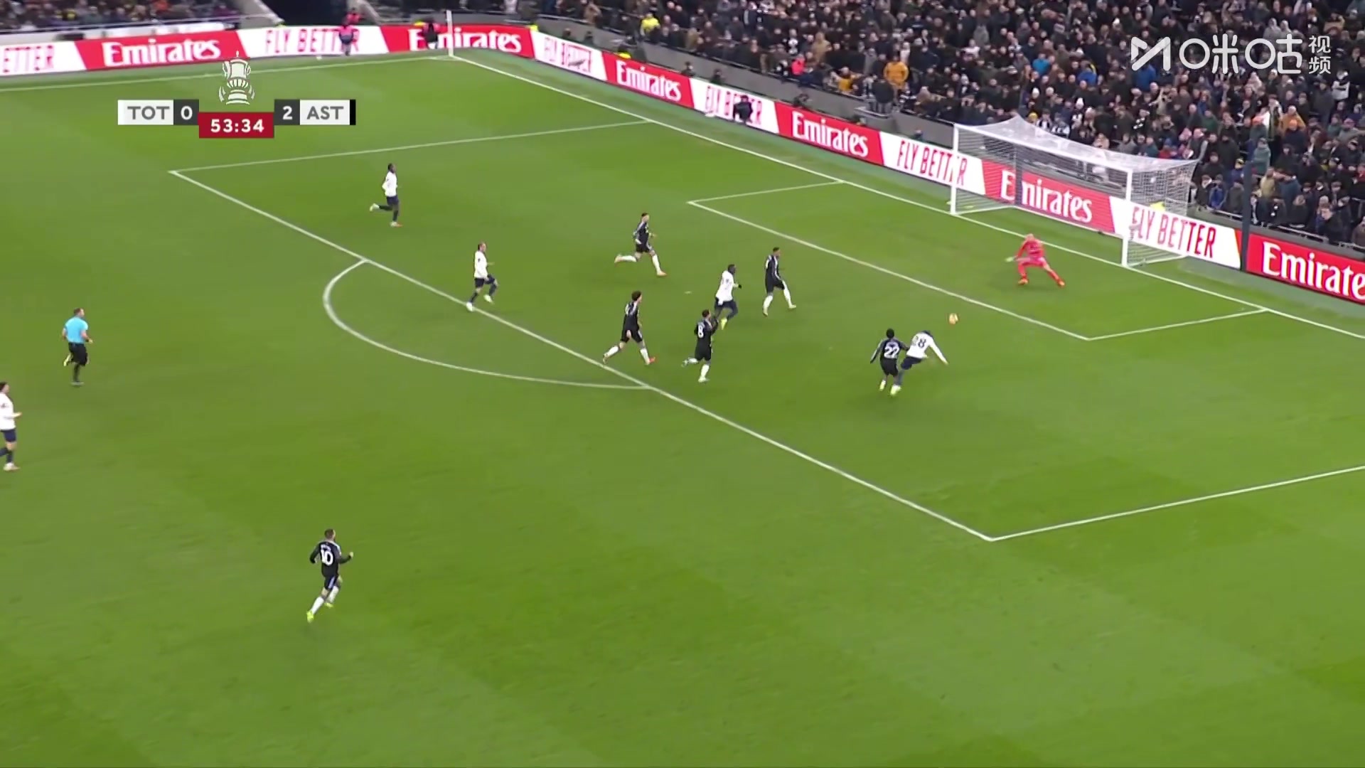 穆阿尼助攻奥多贝尔低射破门，热刺扳回一球