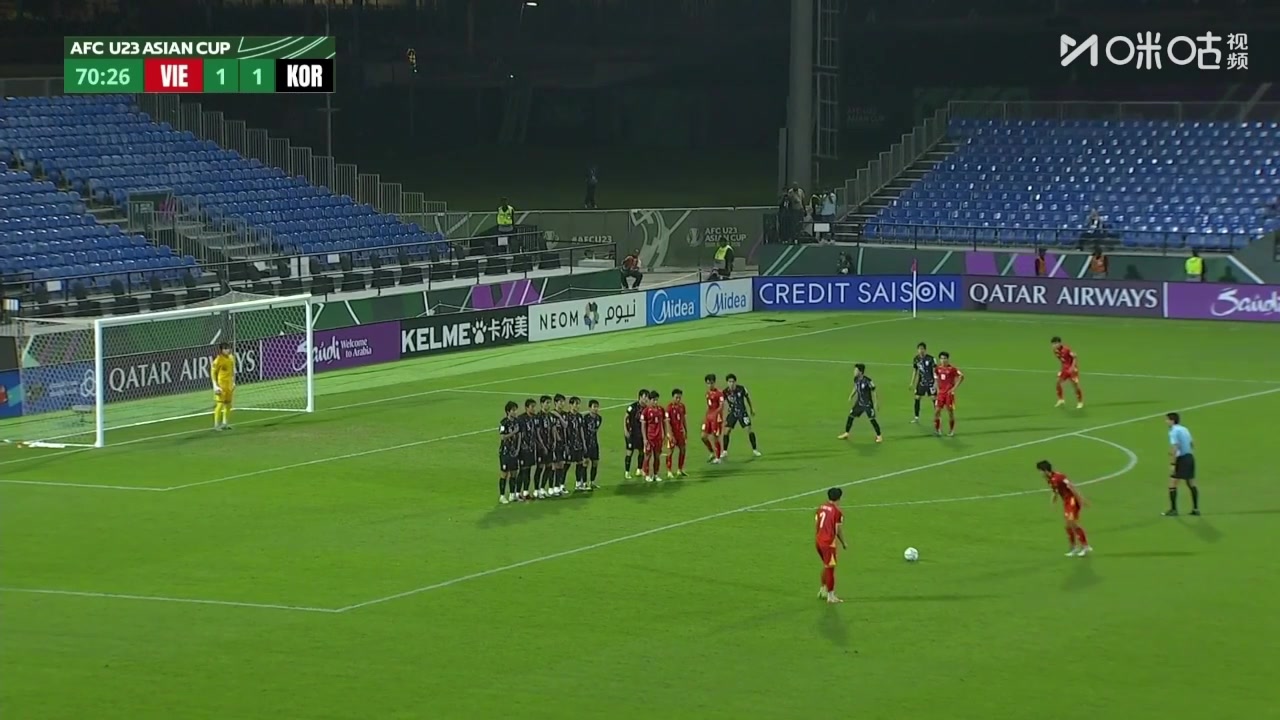 越南U23迅速再次取得领先！阮庭北任意球直接破门韩国！