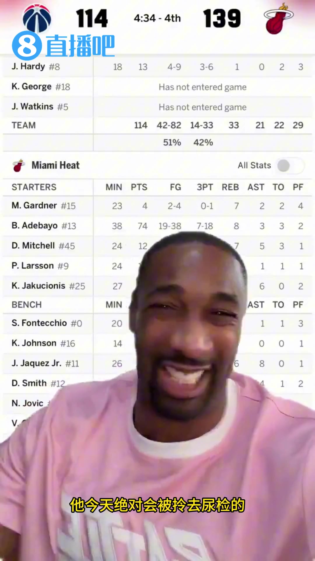 阿德巴约砍74分时，阿里纳斯表示：绝对开挂了，今天会被尿检