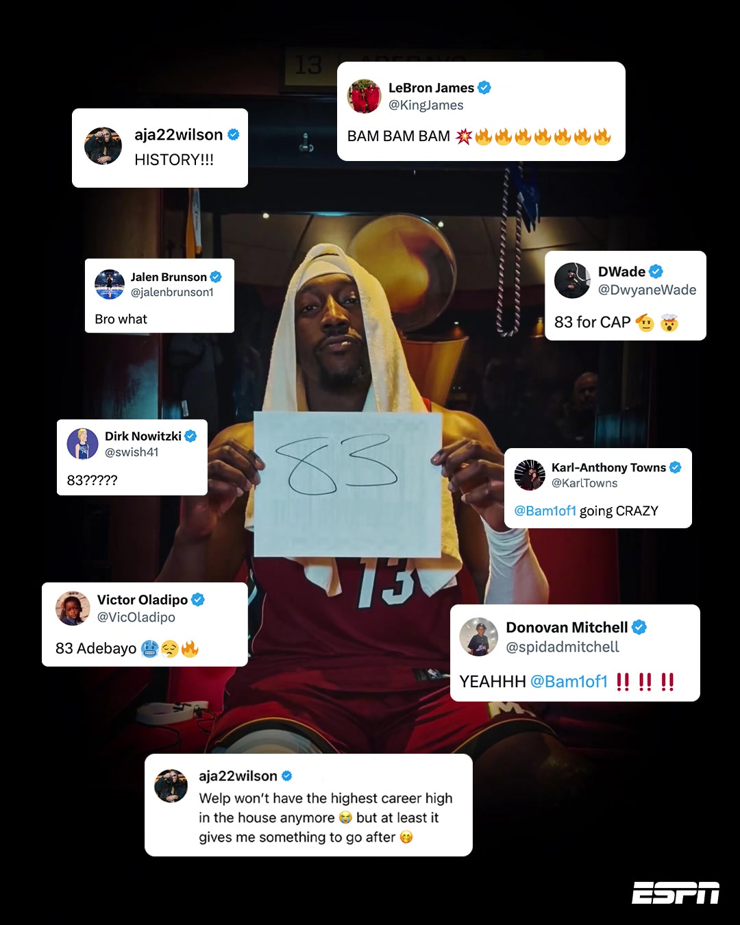 篮坛震惊！各路巨星对阿德巴约83分反应：德克狂发问号，詹姆斯韦德送上祝福