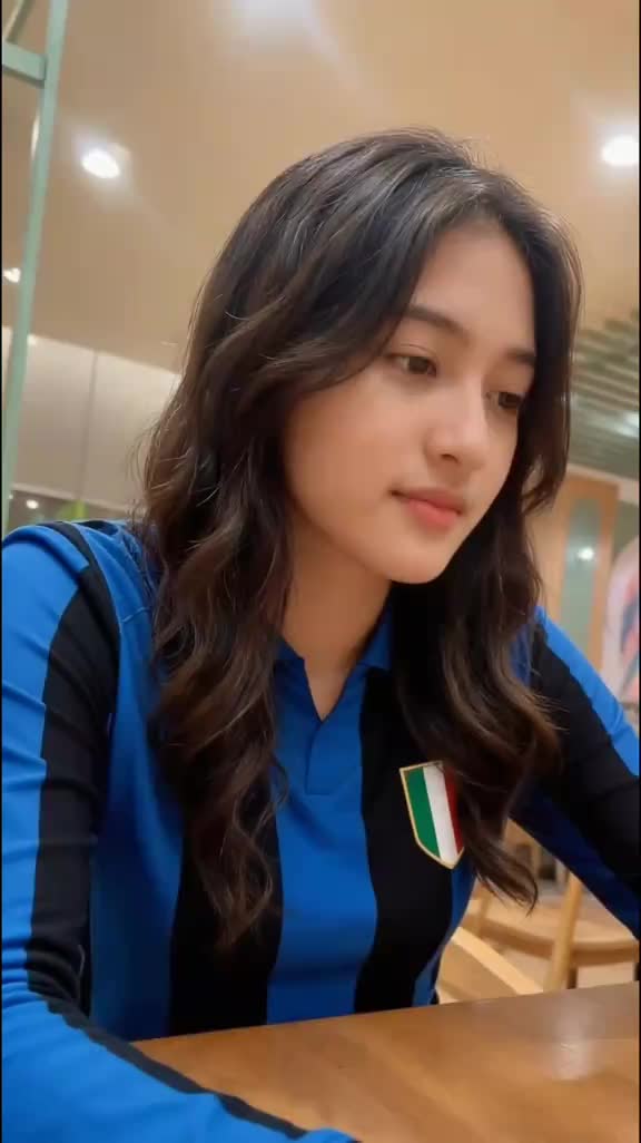 心动的感觉❤！小姐姐身穿大国际时代蓝黑复古球衣露出甜美笑容