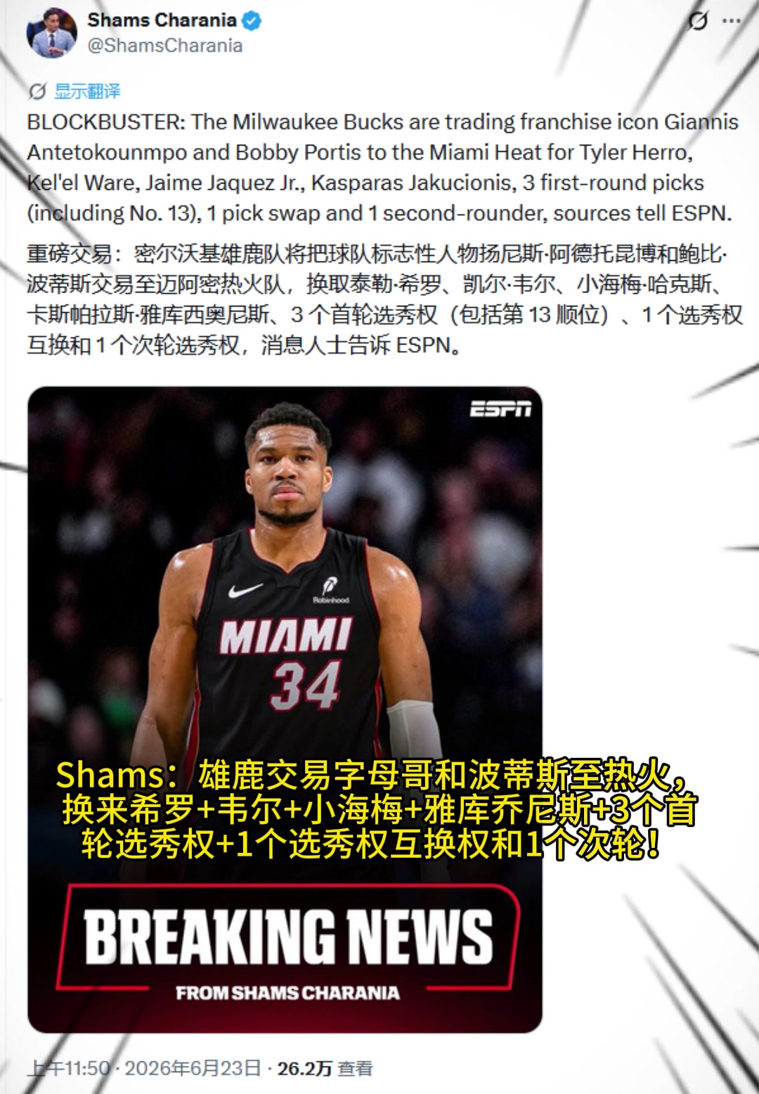 重磅交易！Shams：字母哥被交易至热火，换希罗等三人+3首轮1次轮+1互换