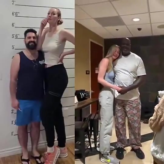 真的好高啊！奥尼尔此前和世界上最高职业女模特合影