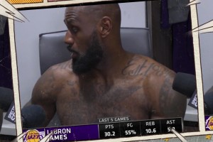 这确定是40岁？詹姆斯近5场场均数据：30+10+5+55%命中率