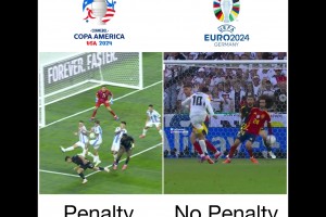 国外博主对比欧洲杯和美洲杯的判罚区别：德保罗手球（给点）和库库手球（不给点）