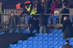 安保也看戏！米尔沃尔球迷1v5单挑水晶宫球迷