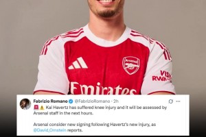 增肌太猛？罗马诺：哈弗茨膝盖受伤，阿森纳考虑引援