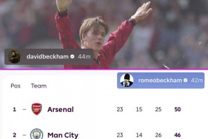 小贝向他阿森纳球迷儿子罗密欧喊话，后者回复了一张积分榜照片