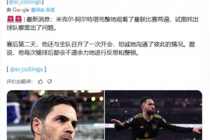 记者：阿尔特塔观看了曼联比赛两遍，试图找出球队哪里出了问题